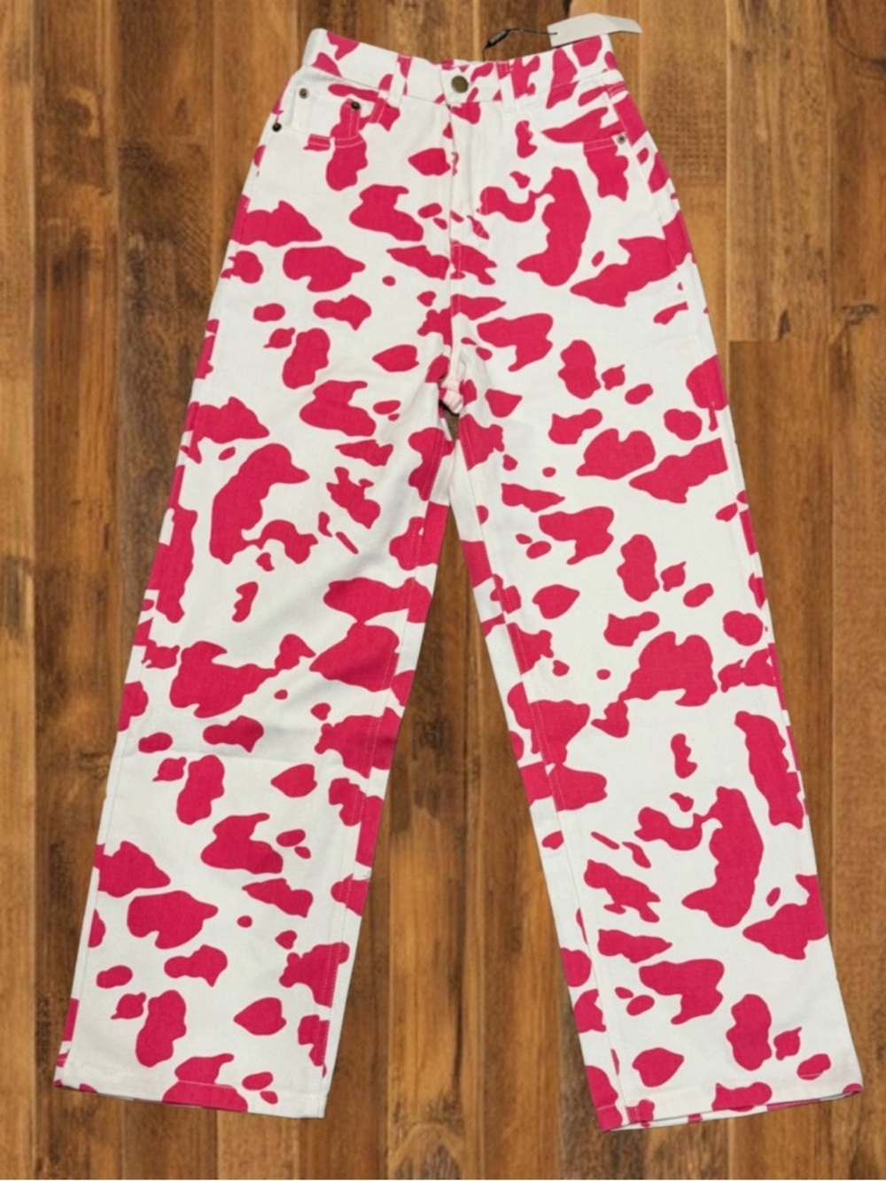 Pink Cow Print Pants Y2K Aesthetic Wide Leg Jeans NWT XS
